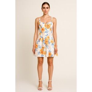 Bailey‎ Blue Floral Print Sweetheart Neck Fit Flare Dress Orange Blue White XL